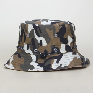 Detailed side view of camouflage bucket hat showing metal vents and adjustable sport drawstring