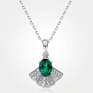 S925 Sterling Silver Lab Grown Emerald Fan Shaped Pendant Necklace For Women Vintage Luxurious Elegant Rhinestone Inlaid Jewelry