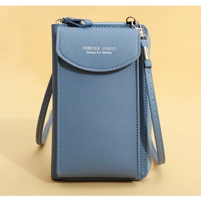 Detail of grey-blue leather phone crossbody bag with Forever Lovely text and zipper