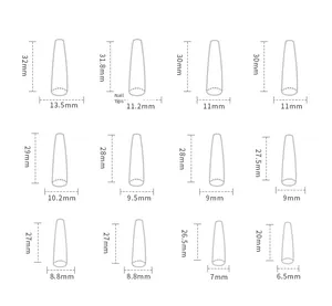 Size chart showing 12 different dimensions for long ballerina press-on nails in mm