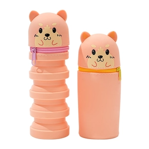 Pink silicone Shiba Inu pencil case with retractable design showing folded and open states