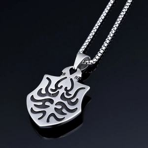Gothic punk shield necklace for men with black tribal totem and stainless steel finish