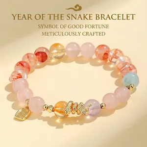 Pulsera de Cuentas de Cristal Natural Hecha a Mano Amatista Cuarzo Rosa Citrino Chapado en Oro Suerte Zodiaco Serpiente Joyería Mujer