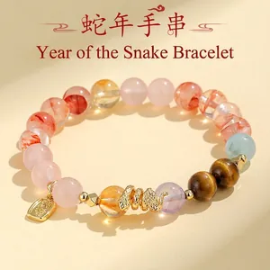Handmade Natural Crystal Beaded Bracelet Amethyst Rose Quartz Citrine Gold Plated Lucky Zodiac Snake Charm Jewelry For Women
