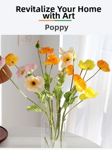 Detail of realistic silk poppy flowers with textured petals and fuzzy stems in warm colors
