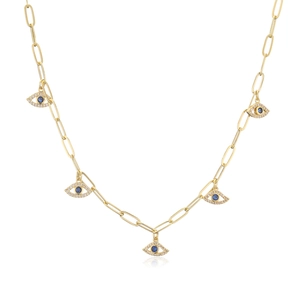 Gold chain necklace with five evil eye pendants featuring blue and clear zircon stones
