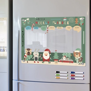 Acrylic magnetic weekly planner on fridge with six colored markers and Christmas design