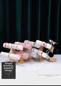 Detailed multi-layer velvet bracelet display stand with a solid bamboo wood base
