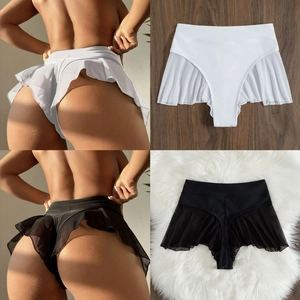 Women High Waisted Bikini Bottom Ruffle Mesh Patchwork Swim Bottom Sexy Solid Color Butt Lifting Swimwear