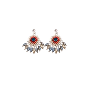 Ethnic flower tassel drop earrings with blue crystal inlay and boho bead fringe