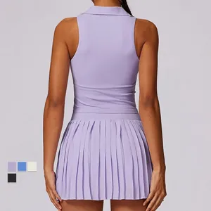 Sleeveless polo vest and pleated skirt sports set for tennis or golf in purple finish