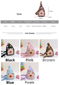 Detailed size chart for kids nylon crossbody bag showing 14x18x6cm dimensions