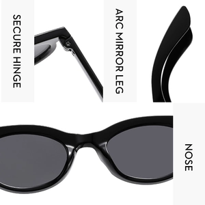 Detail view of retro oval sunglasses featuring secure hinges and ergonomic arc mirror legs