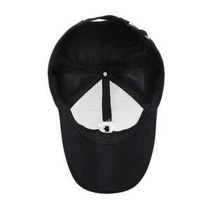 Classic black cotton baseball cap with adjustable strap and internal lining structure