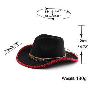 Black western cowboy wool hat with red stitching, braided band and metal feather detail
