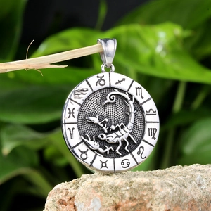 Silver stainless steel Scorpio zodiac pendant necklace with vintage embossed design
