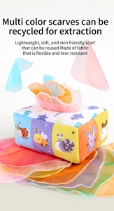 Detail of baby tissue box toy with soft animal patterns and colorful chiffon scarves