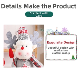 Detail of Christmas reindeer plush doll featuring snowflake knit hat and striped scarf