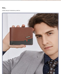 Close-up of men's bifold wallet in two-tone brown and grey leather with stripe detail