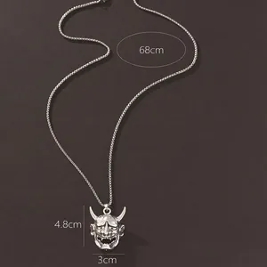 Japanese Prajna mask pendant necklace in silver alloy with long sweater chain for men women