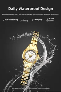 Gros plan d'une montre GEDI dorée pour femme avec jet d'eau montrant l'étanchéité quotidienne