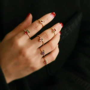 Mini colorful zircon fruit rings in gold finish with strawberry and grape designs