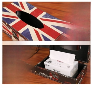 Detail of vintage Union Jack tissue box showing smooth oval opening and spacious interior