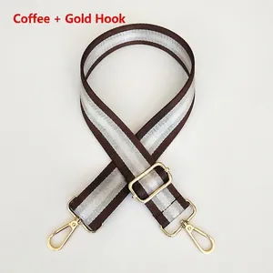 Detail of adjustable 3.8cm striped nylon strap with gold hardware hooks for bags