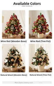 Detailed views of mini Christmas trees with LED lights, pine cones, and festive ornaments