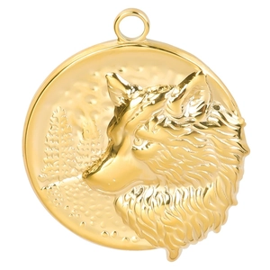 Golden stainless steel wolf head pendant with relief tree design on white background