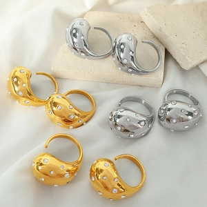 Waterdrop Chunky Ring 18K Gold Plated Stainless Steel With Rhinestone Imitation Artificial Pearl Geometric Teardrop Jewelry For Women
