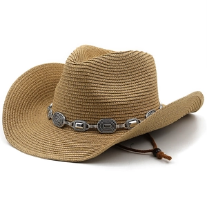 Chapeau de cowboy en paille de style western avec chaîne en métal et mentonnière réglable