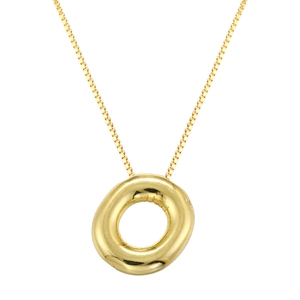 Macro shot of gold puffy irregular ring pendant with polished finish on box chain