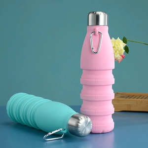Gourdes pliables en silicone rose et turquoise avec mousqueton et couvercle acier