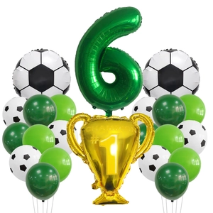 Soccer theme 6th birthday balloon set with green number 6 and gold trophy foil balloon