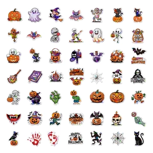 Detailed view of fifty unique waterproof Halloween stickers with pumpkins and ghosts