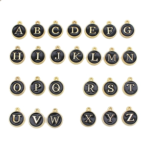 Set of 26 round black and gold alloy alphabet charms for DIY jewelry making