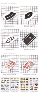 Detail showing kids DIY road track tape set with railway curves and traffic sign stickers