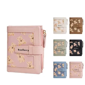 Baellerry short wallet for women featuring cute bear print and zipper coin pocket