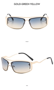 Front and side views of gold Y2K sunglasses featuring wavy metal temples and gradient lenses
