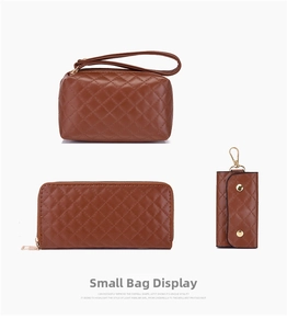 Detailed view of brown quilted leather bag set including pouch, wallet, and key holder