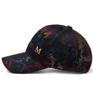 Women's summer mesh baseball cap with colorful camouflage print and gold M logo
