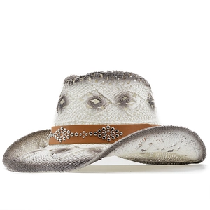 Chapeau de cow-boy vintage en paille tressée avec bord dégradé et bandeau en cuir