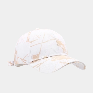 Close-up of graffiti print on a white cotton baseball cap with curved brim detail