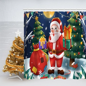 Detail of Christmas shower curtain with Santa Claus, Xmas tree and waterproof fabric texture