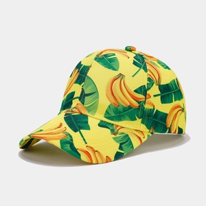 Vibrant yellow baseball cap with tropical banana and leaf print for summer style