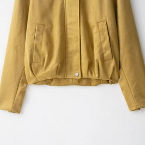 Mustard yellow faux suede bomber jacket featuring side pockets and metallic hem detail