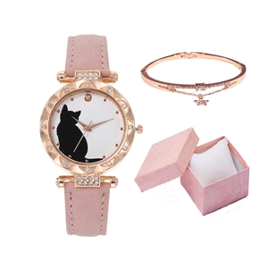 Pink quartz watch with black cat dial and star pendant bracelet in gift packaging