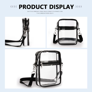 Detail view of transparent PVC crossbody bag showing front, side, and 45-degree angle perspectives