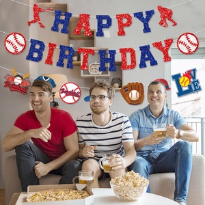 Baseball birthday banner set with red and blue glitter letters and sports themed elements